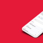 A mobile mockup of the Simbook app on a red background