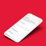 A mobile mockup of the Simbook app on a red background